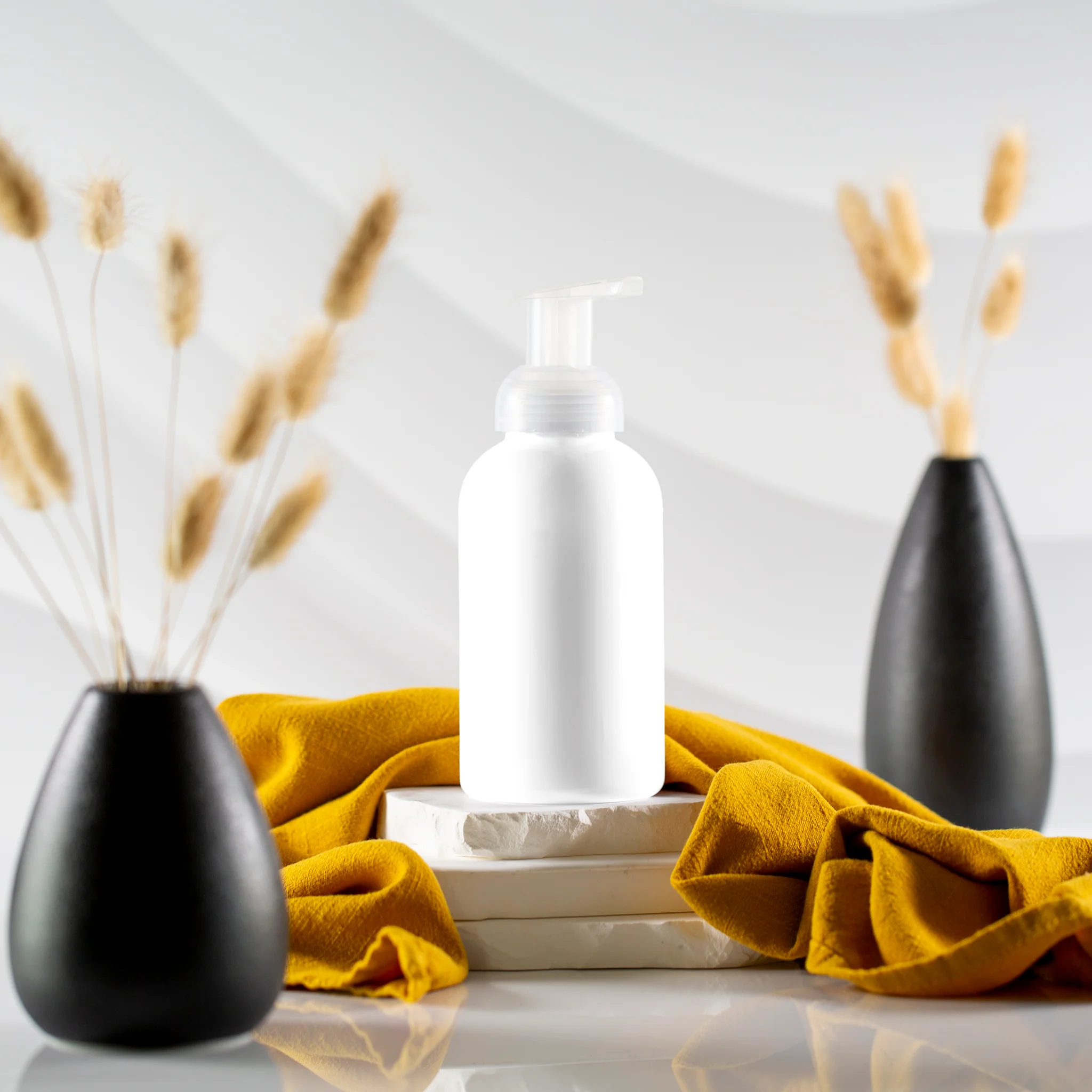 12 oz White Boston Round Foamer Bottle with 40mm Natural Pump